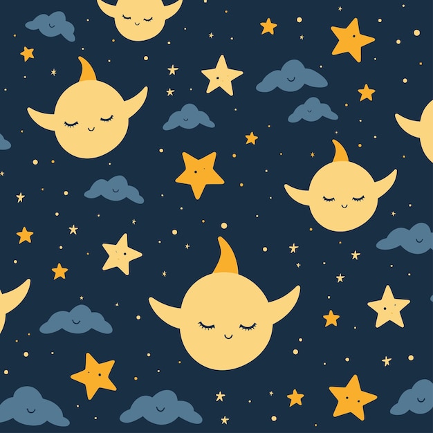 Vector moon and stars cute vector seamless pattern