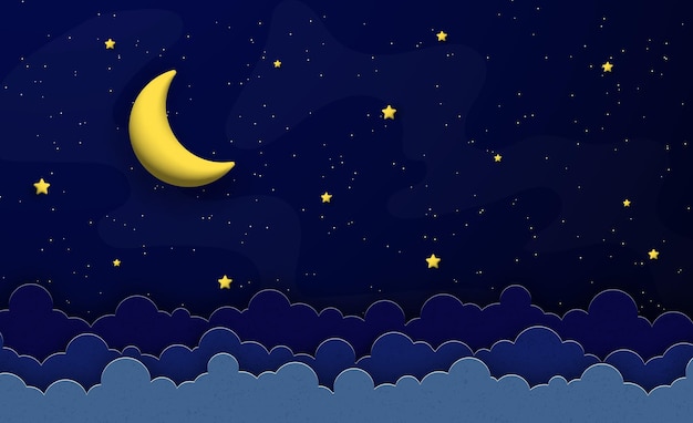 Moon and stars on the night sky background vector illustration in 3d cartoon and paper cut style