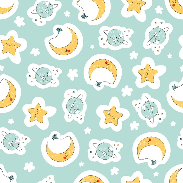 Moon, stars and planet seamless pattern in hand drawn style for childrens design