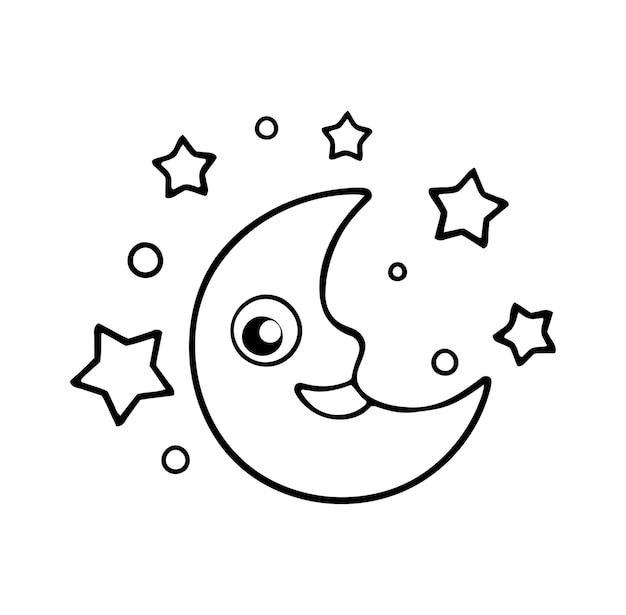 Illustrazione del disegno del segno dell'icona del fumetto di clip art della linea di vettore della luna e delle stelle. pagine da colorare per i bambini.