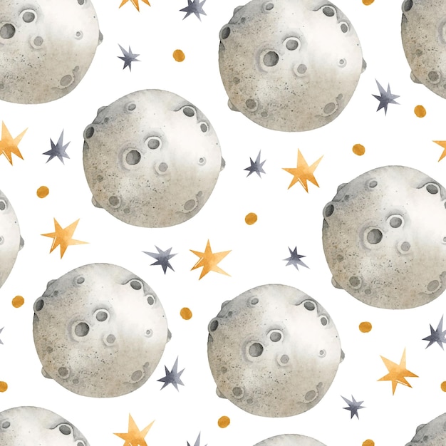 Moon and stars watercolor seamless pattern