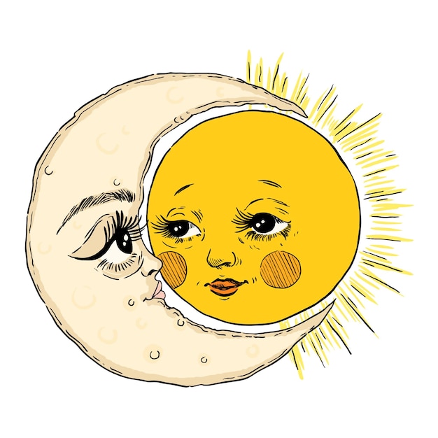 月と太陽が一緒。レトロなスタイルのベクトル図