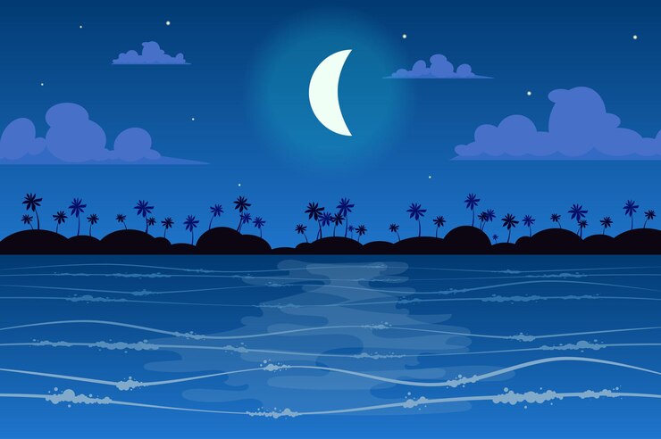 Vector moon over tropical island landscape in flat style