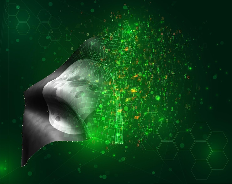 Vector moon, vector 3d flag on green background with polygons and data numbers