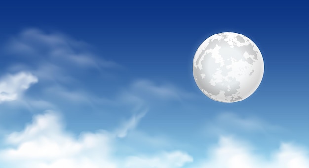 Moon in white clouds sky background Vector illustration