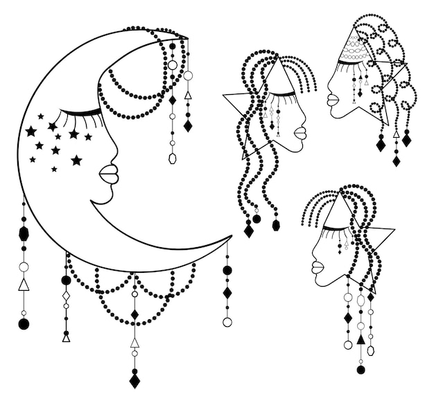 Moon with face and stars with faces boho illustrations