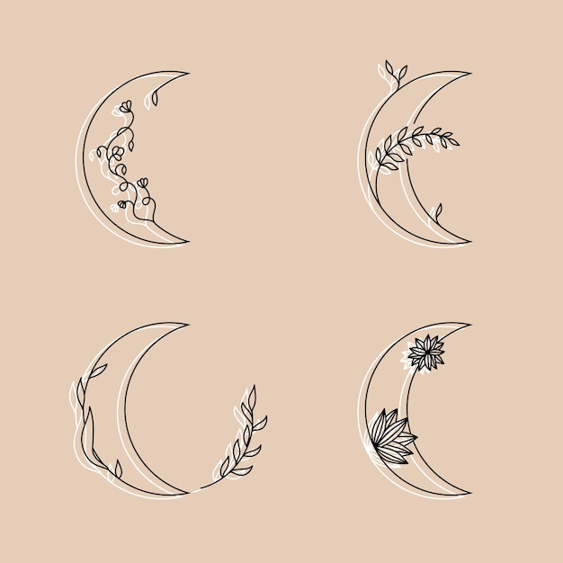 Vector moon with flowers and leaves in linear hand drawn style