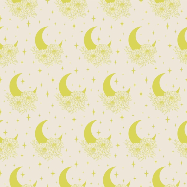 Moon with flowers and stars yellow seamless pattern Peony floral magic clipart for decoration print Vector endless texture for digital paper fabric