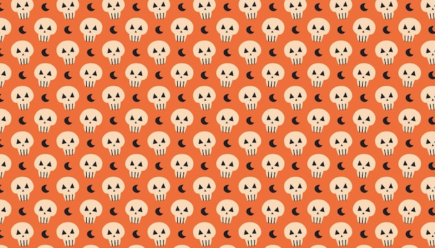 Moon with skull cute hand drawn vector pattern banner happy halloween day of dead packaging