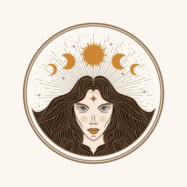 Moon woman, illustration with esoteric, boho, spiritual, geometric, astrology, magic themes, for tarot reader card