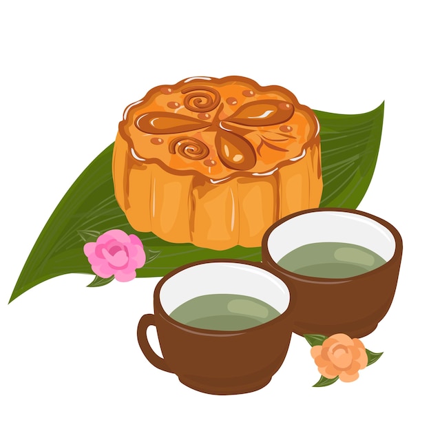 Mooncake en thee vector illustratie set Traditionele Chinese mooncake illustraties