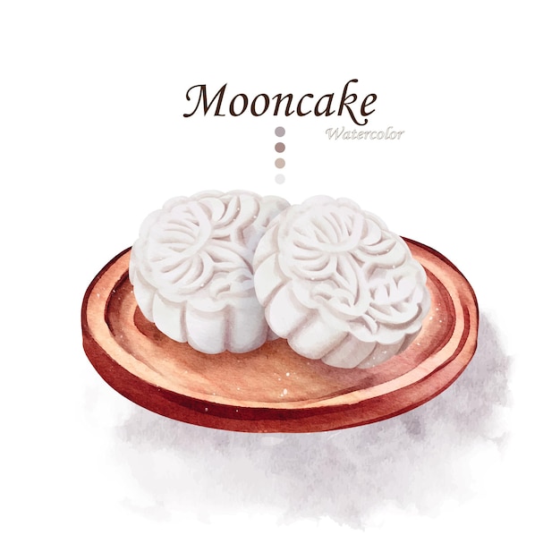 Вектор mooncake на деревянной тарелке акварельной иллюстрации векторный дизайн