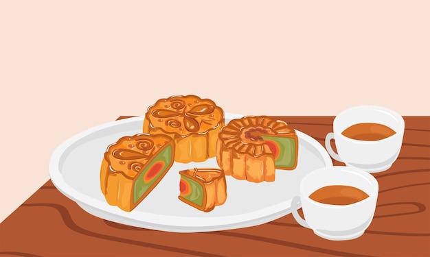 Vettore set di illustrazioni vettoriali per mooncake e tè clipart tradizionale cinese mooncake