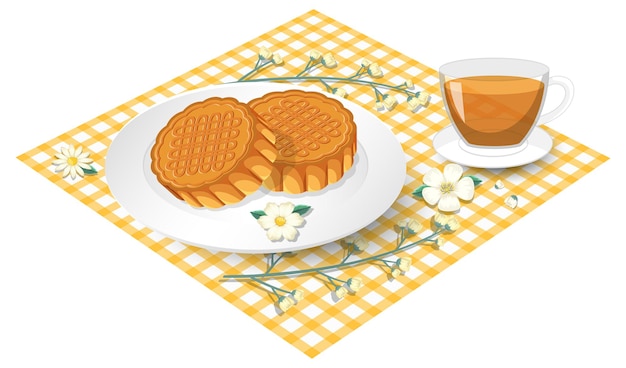 Mooncake con tazza da tè sulla tovaglia