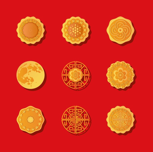 Mooncakes icon set over red background, detailed style 