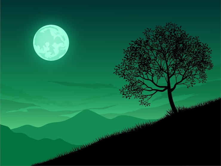 Vector moonlight landscape with tree silhouette