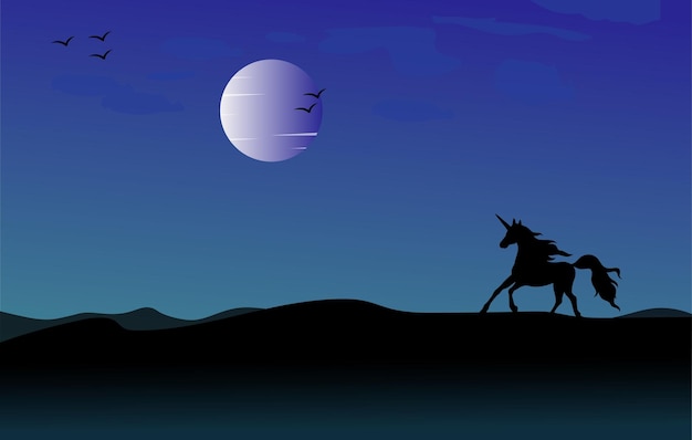 Moonlight landscape with unicorn, vector illustration background, Unicorn Scenery Illustration