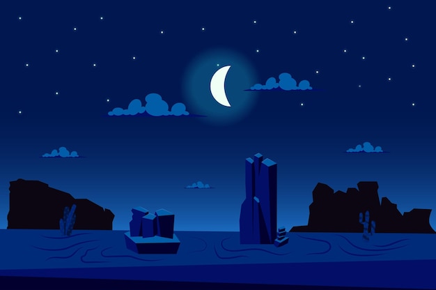 平らな漫画スタイルの砂漠の風景で月明かりの夜