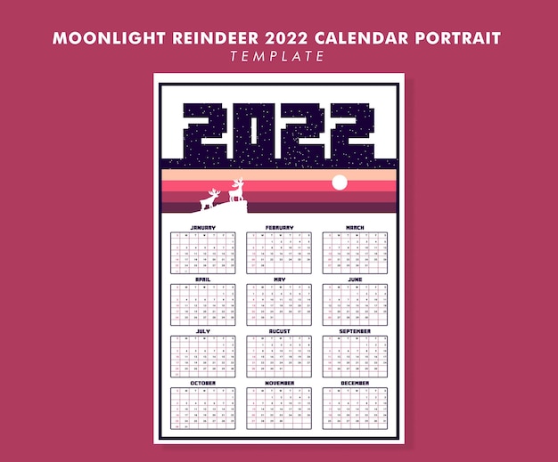 Vector moonlight reindeer 2022 calendar portrait