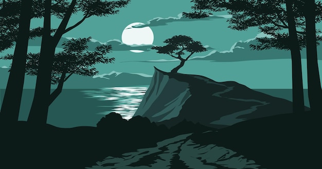 Moonlight over the sea with a tree on the edge of cliff