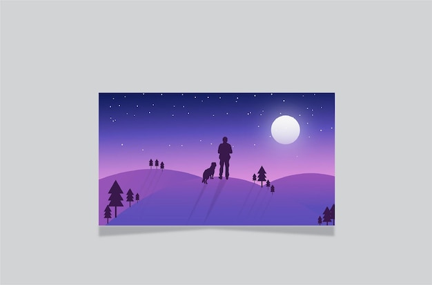 moonlight with boy and dog landscape