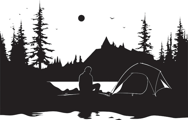 Moonlit Meadow Elegant Black Icon with Vector Logo for Camping Camping Escapade Sleek Monochromatic