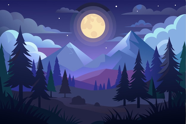 moonlit night forest with mountains