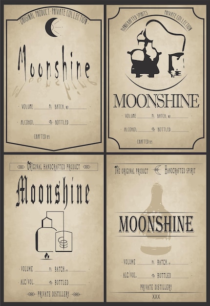 Moonshine label vector Homemade old moonshine stikers Custom moonshine labels