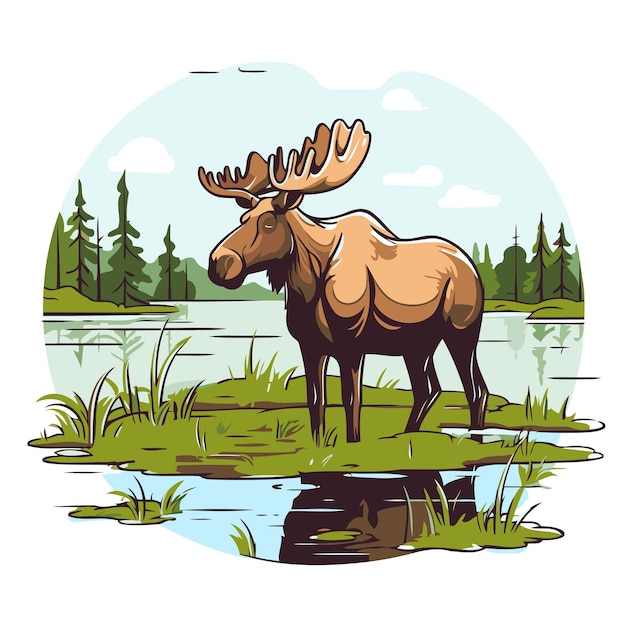 Moose on the bank of the river vector illustration in cartoon style