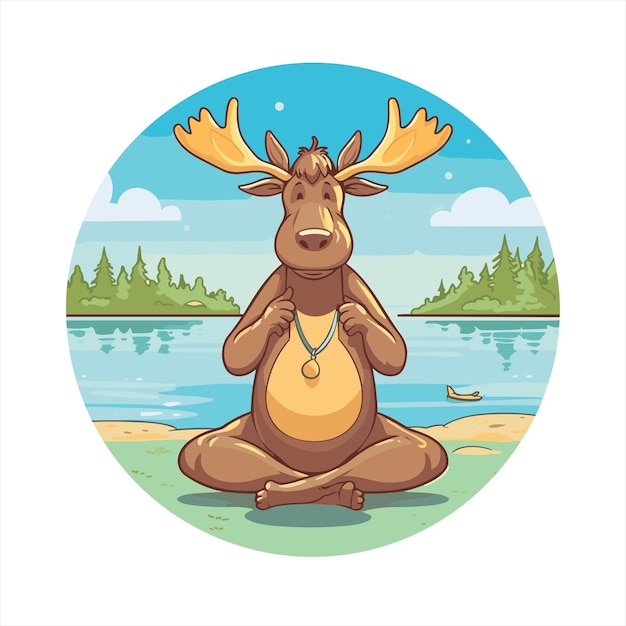 Vector moose cute funny cartoon kawaii watercolor yoga beach summer animal pet sticker illustration