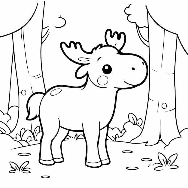 Moose Grazing in a Wooded Area Vector Coloring page for Kids