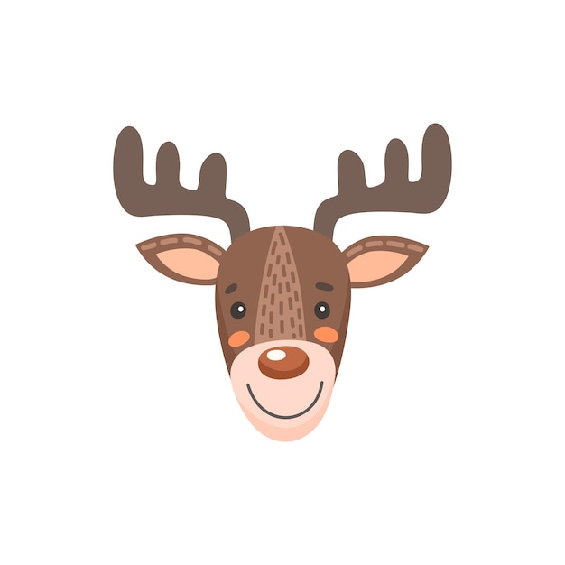 ムースまたは鹿の角のあるかわいい動物の顔孤立したフラット漫画の頭ベクトルクワガタ狩りスポーツマスコット漫画トナカイ面白い子供っぽいマスクかわいいコミック絵文字絵文字デザインのアバターと角のある鹿