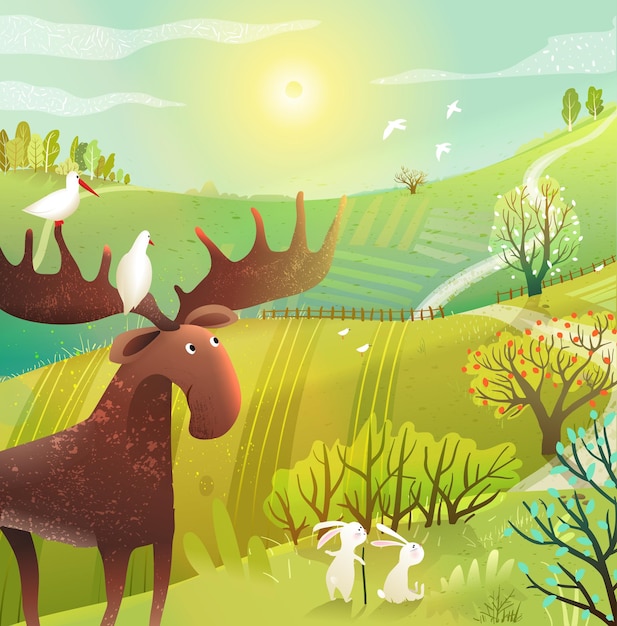Moose and Rabbits in Wild Nature Scenery for Kids