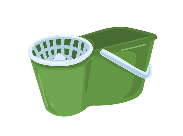 Mop bucket with handle, wringer, or water remover. plastic domestic appliance for wet cleaning. colored flat vector illustration of household supply isolated on white background.