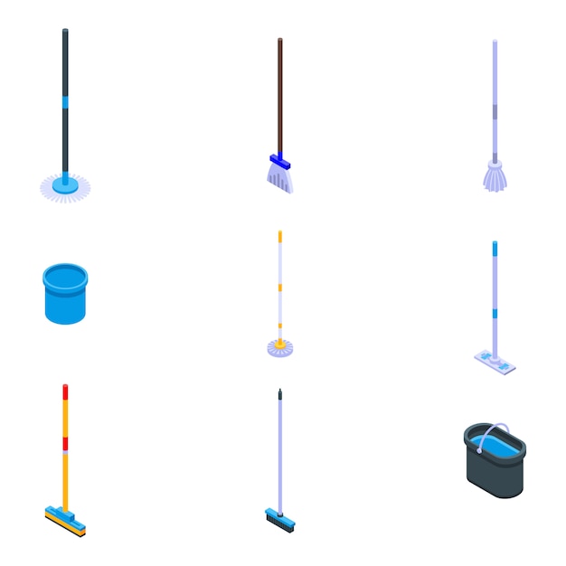 Mop iconen set, isometrische stijl