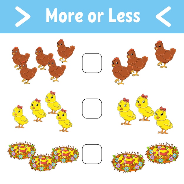 More or less educational activity worksheet for kids and toddlers