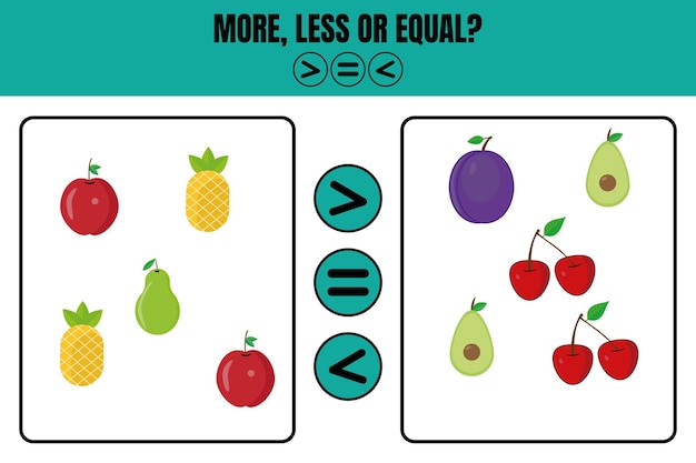 More less or equal Educational math game for kids Worksheet design for preschool students