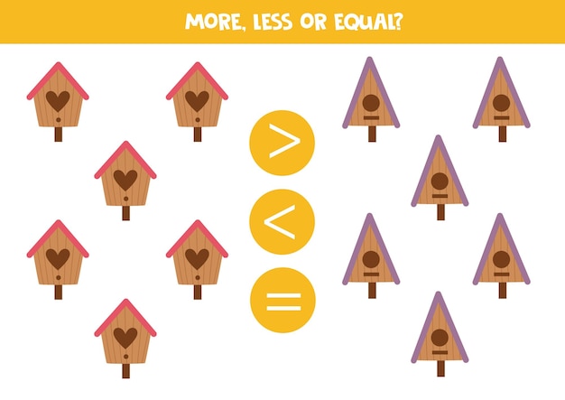 More less or equal with cartoon birdhouses math game