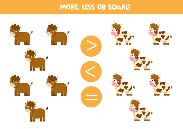 More, less, equal with cartoon bulls and cows. Math game.