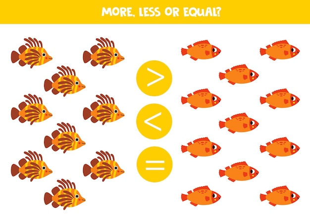 More less or equal with cartoon cute lionfish and sea bass