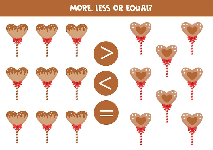 Vector more less or equal with cartoon cute lollipops