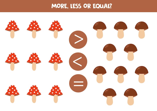 More less or equal with cartoon cute mushrooms