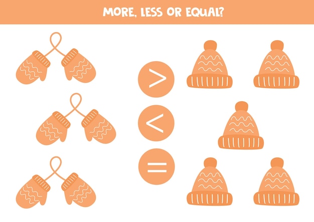 More less or equal with cartoon mittens and hats