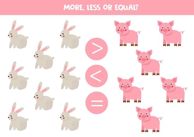 Vector more less or equal with cartoon pigs and rabbits