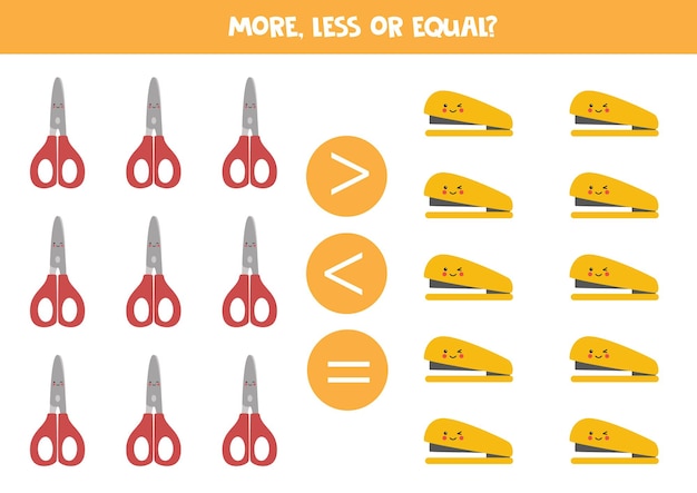 Vector more less or equal with cartoon scissors and staplers