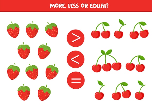 More, less or equal with cartoon strawberries and cherries. Comparison game for children.