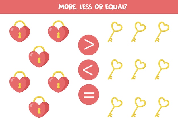 More less or equal with cartoon valentine heart lock and key