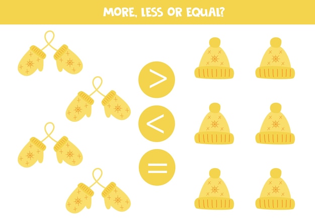 More less or equal with cartoon yellow mittens and hats