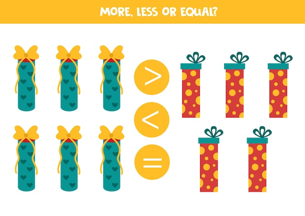 More, less or equal with christmas presents. educational math game for kids.