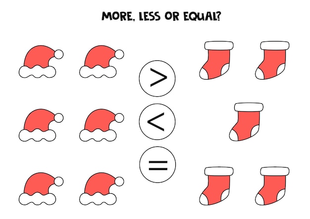 より多く、より少なく、クリスマスの靴下や帽子と同じです。数学の比較。